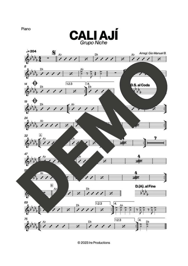 Grupo Niche – Cali Ají – Sheet Music Demo Page 2 (PDF) – Includes charts for Trumpets, Trombones, Saxophone, Piano and Bass