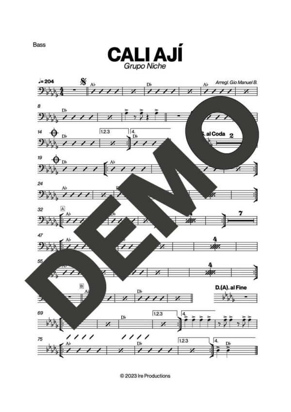 Grupo Niche – Cali Ají – Sheet Music Demo Page 3 (PDF) – Includes charts for Trumpets, Trombones, Saxophone, Piano and Bass