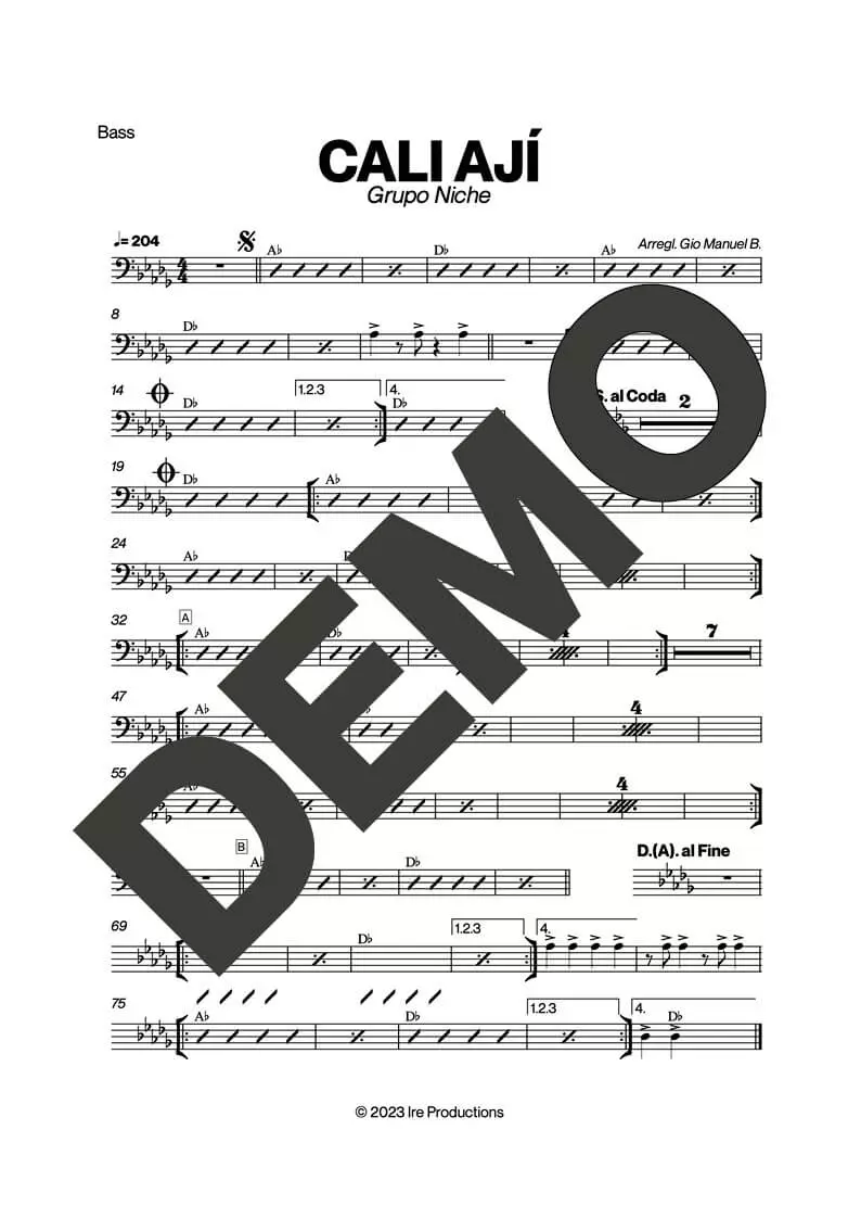 Grupo Niche – Cali Ají – Sheet Music Demo Page 3 (PDF) – Includes charts for Trumpets, Trombones, Saxophone, Piano and Bass