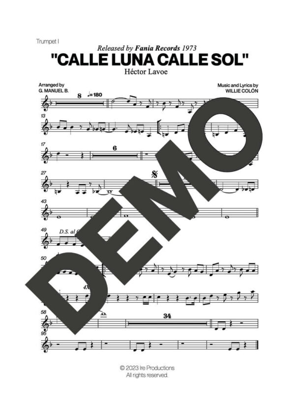 Hector Lavoe|Willie Colón – Calle Luna Calle Sol – First Page of Sheet Music Preview (PDF) – Includes charts for Trumpets, Trombones, Saxophone, Piano and Bass