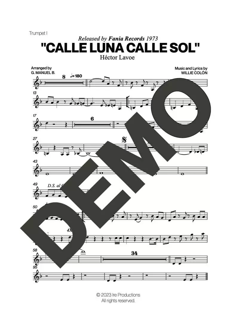 Hector Lavoe|Willie Colón – Calle Luna Calle Sol – First Page of Sheet Music Preview (PDF) – Includes charts for Trumpets, Trombones, Saxophone, Piano and Bass