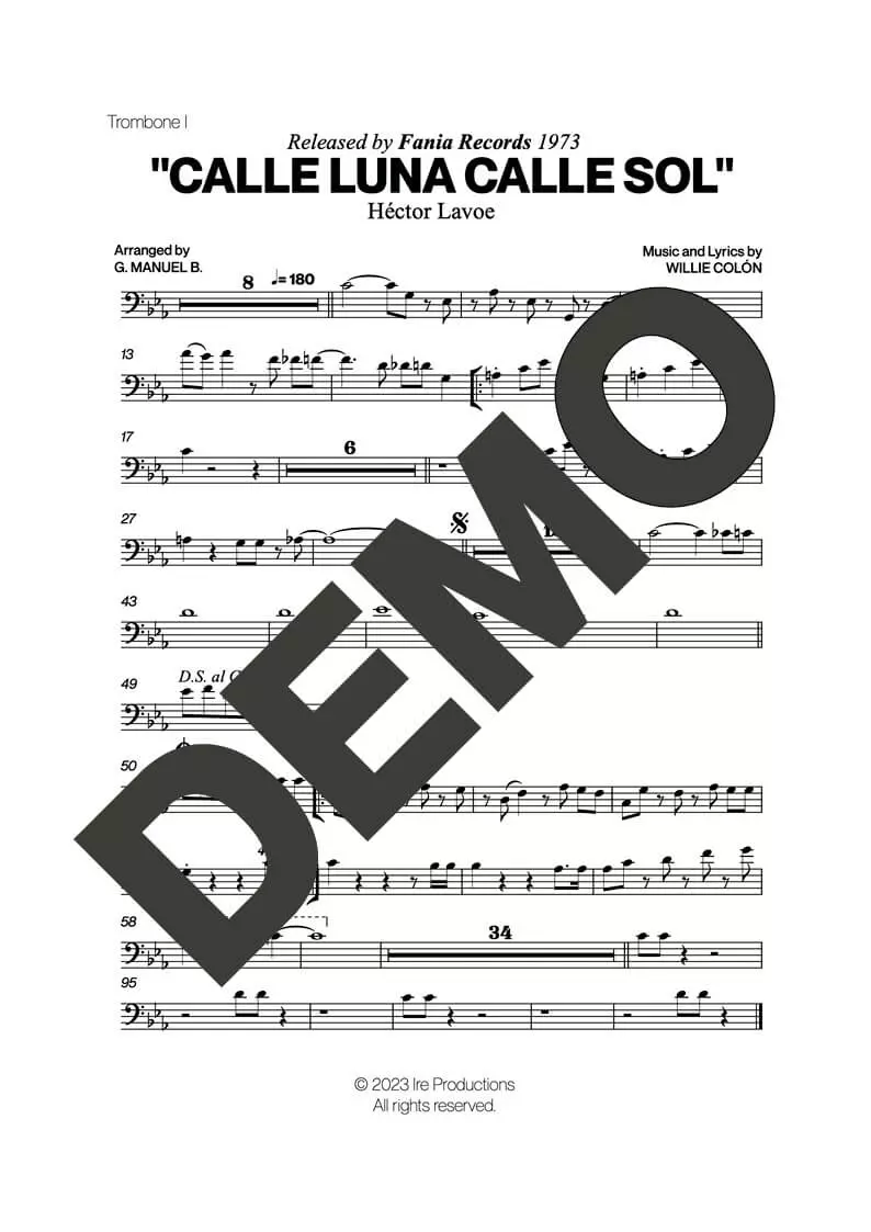 Hector Lavoe|Willie Colón – Calle Luna Calle Sol – Sheet Music Demo Page 1 (PDF) – Includes charts for Trumpets, Trombones, Saxophone, Piano and Bass