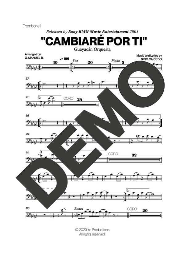 Guayacán Orquesta – Cambiaré Por Ti – Sheet Music Demo Page 1 (PDF) – Includes charts for Trumpets, Trombones, Saxophone, Piano and Bass