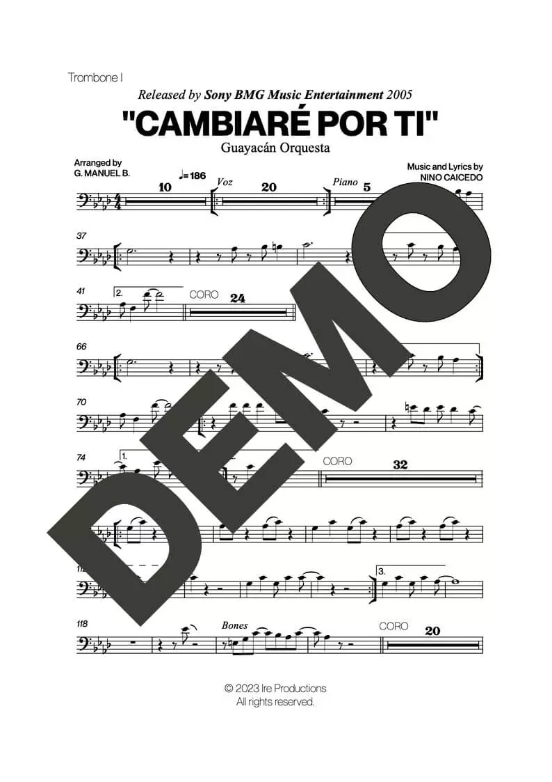Guayacán Orquesta – Cambiaré Por Ti – Sheet Music Demo Page 1 (PDF) – Includes charts for Trumpets, Trombones, Saxophone, Piano and Bass