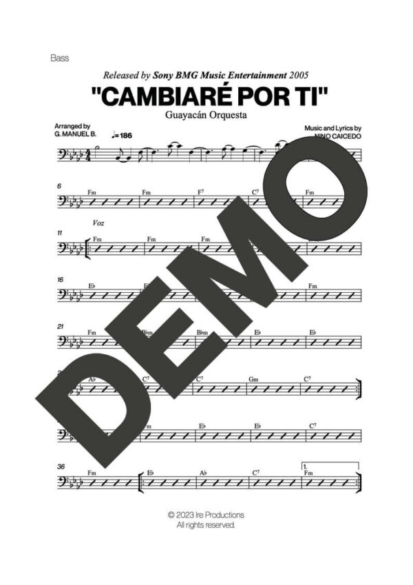 Guayacán Orquesta – Cambiaré Por Ti – Sheet Music Demo Page 3 (PDF) – Includes charts for Trumpets, Trombones, Saxophone, Piano and Bass