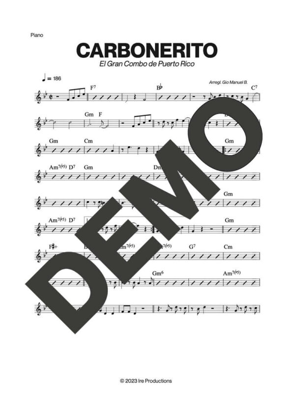 El Gran Combo de Puerto Rico – Carbonerito – Sheet Music Demo Page 3 (PDF) – Includes charts for Trumpets, Trombones, Saxophone, Piano and Bass