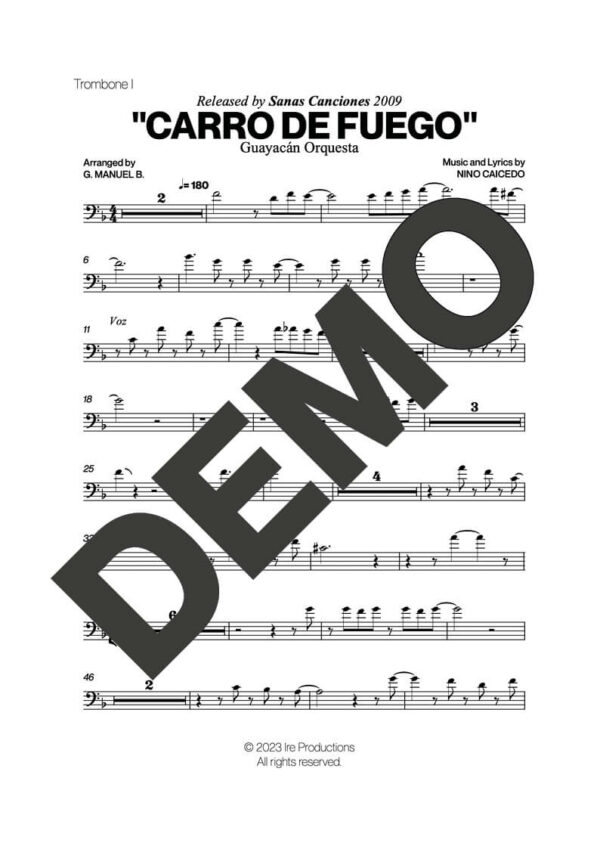 Guayacán Orquesta – Carro de Fuego – Sheet Music Demo Page 1 (PDF) – Includes charts for Trumpets, Trombones, Saxophone, Piano and Bass