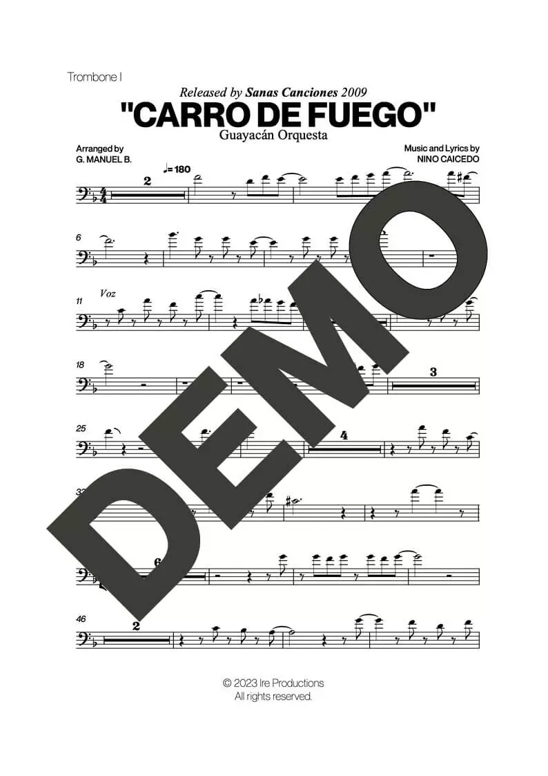 Guayacán Orquesta – Carro de Fuego – Sheet Music Demo Page 1 (PDF) – Includes charts for Trumpets, Trombones, Saxophone, Piano and Bass