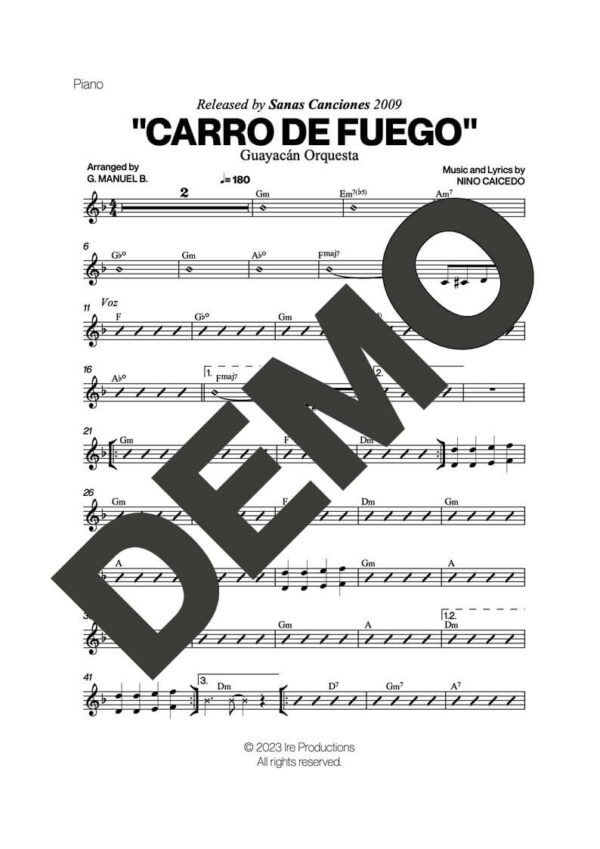 Guayacán Orquesta – Carro de Fuego – Sheet Music Demo Page 2 (PDF) – Includes charts for Trumpets, Trombones, Saxophone, Piano and Bass