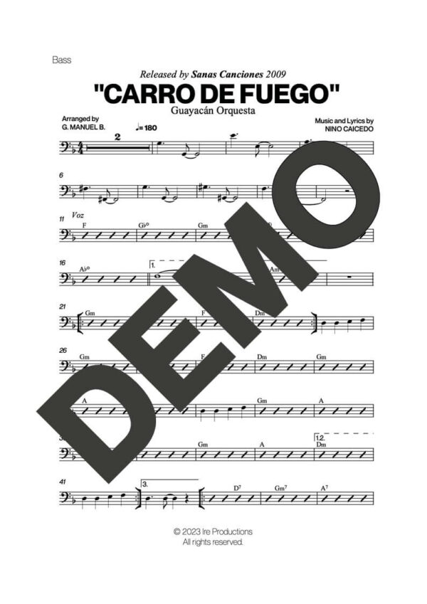 Guayacán Orquesta – Carro de Fuego – Sheet Music Demo Page 3 (PDF) – Includes charts for Trumpets, Trombones, Saxophone, Piano and Bass