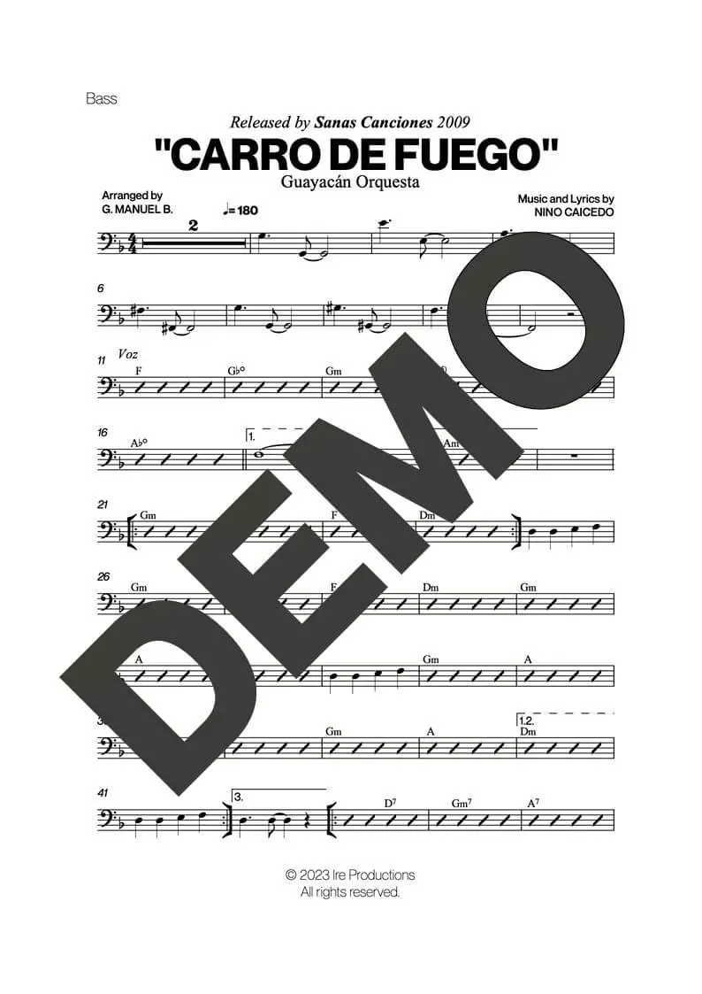 Guayacán Orquesta – Carro de Fuego – Sheet Music Demo Page 3 (PDF) – Includes charts for Trumpets, Trombones, Saxophone, Piano and Bass