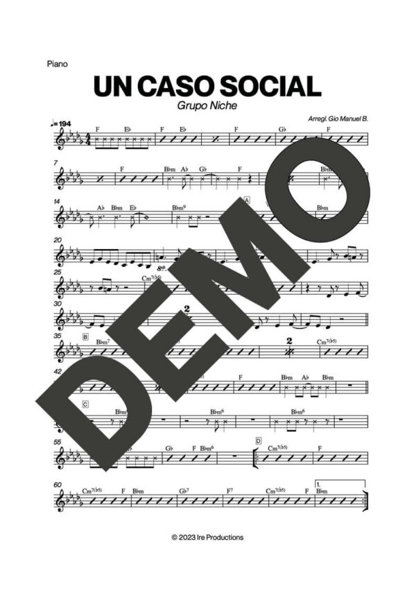 Grupo Niche – Un Caso Social – Sheet Music Demo Page 2 (PDF) – Includes charts for Trumpets, Trombones, Saxophone, Piano and Bass