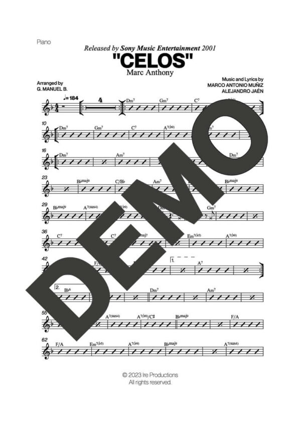 Marc Anthony – Celos – Sheet Music Demo Page 3 (PDF) – Includes charts for Trumpets, Trombones, Saxophone, Piano and Bass