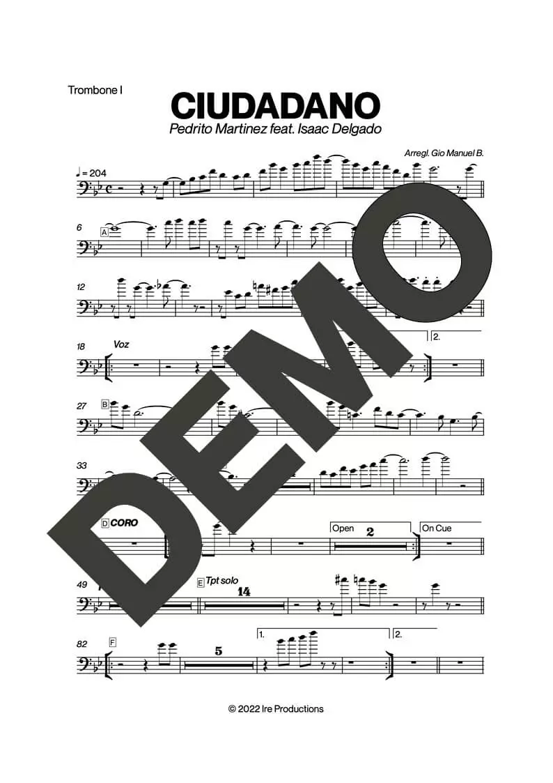 Issac Delgado – Ciudadano feat. Pedrito Martinez – Sheet Music Demo Page 2 (PDF) – Includes charts for Trumpets, Trombones, Saxophone, Piano and Bass