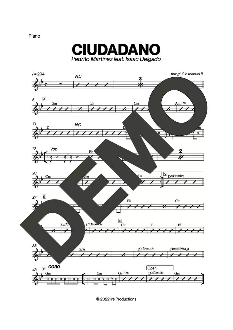 Issac Delgado – Ciudadano feat. Pedrito Martinez – Sheet Music Demo Page 3 (PDF) – Includes charts for Trumpets, Trombones, Saxophone, Piano and Bass