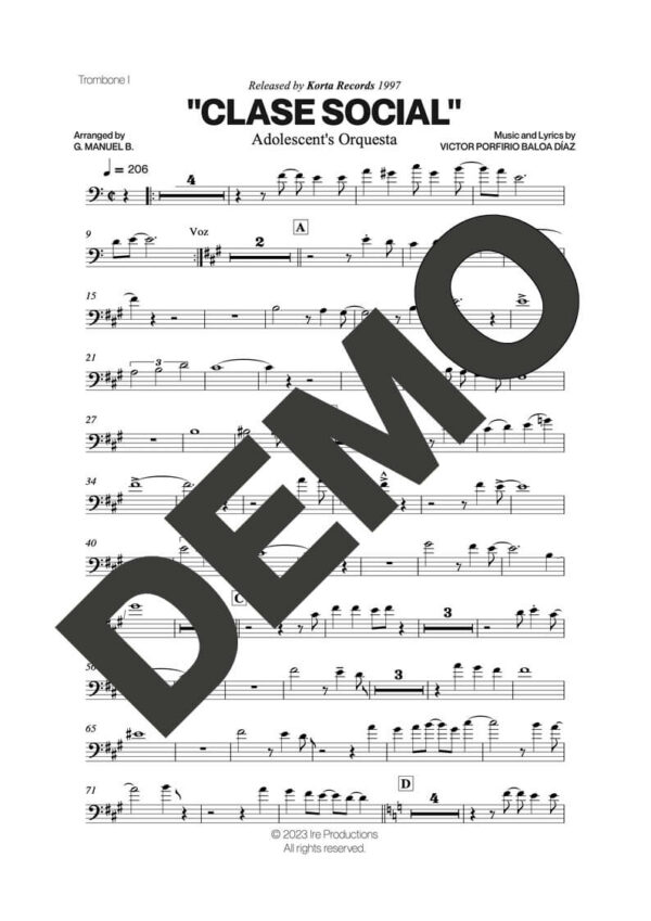 Adolescent’s Orquesta – Clase Social – Sheet Music Demo Page 1 (PDF) – Includes charts for Trumpets, Trombones, Saxophone, Piano and Bass