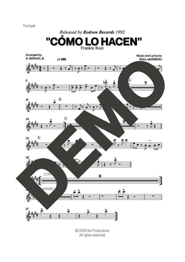 Frankie Ruiz – Cómo lo Hacen – Sheet Music Demo Page 2 (PDF) – Includes charts for Trumpets, Trombones, Saxophone, Piano and Bass