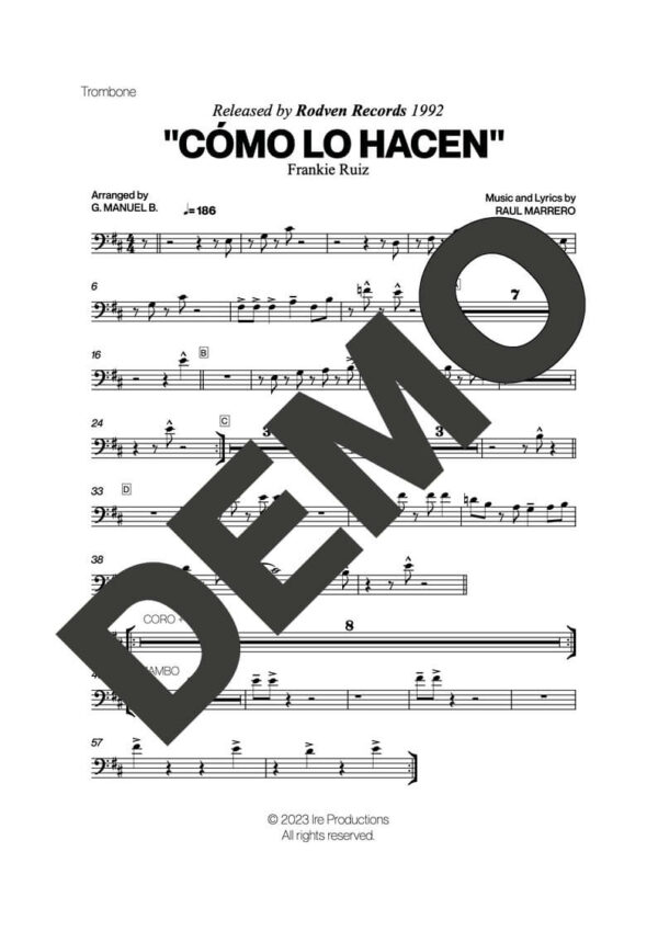 Frankie Ruiz – Cómo lo Hacen – Sheet Music Demo Page 3 (PDF) – Includes charts for Trumpets, Trombones, Saxophone, Piano and Bass