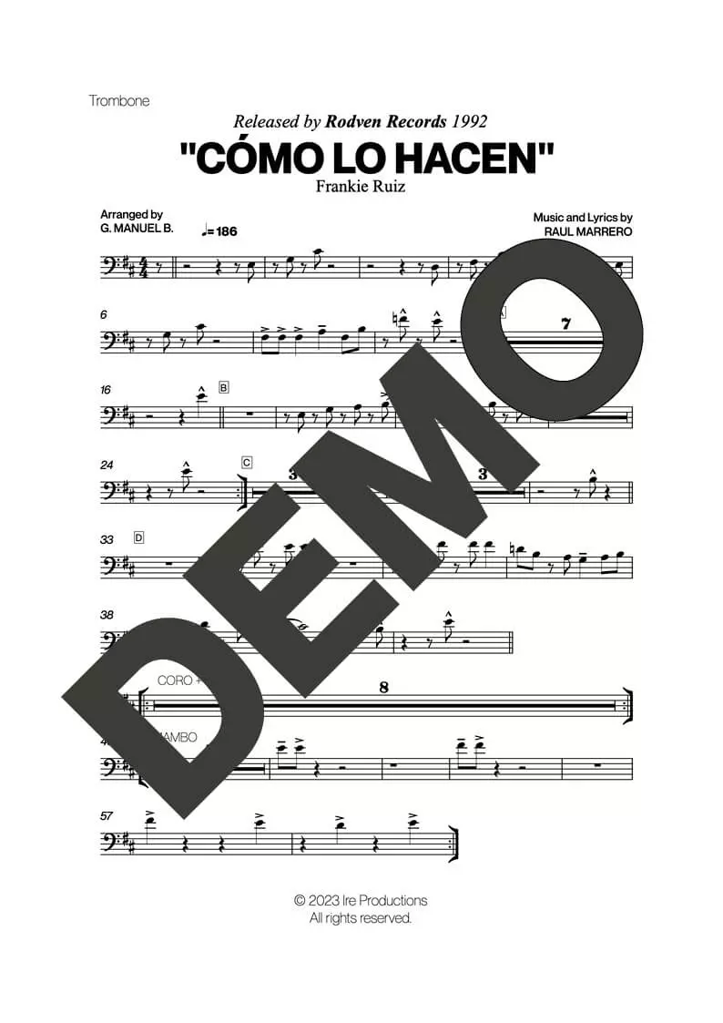 Frankie Ruiz – Cómo lo Hacen – Sheet Music Demo Page 3 (PDF) – Includes charts for Trumpets, Trombones, Saxophone, Piano and Bass