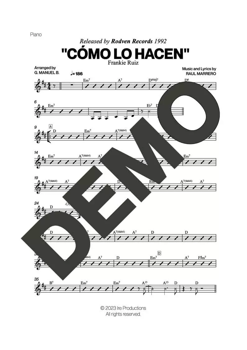 Frankie Ruiz – Cómo lo Hacen – Sheet Music Demo Page 4 (PDF) – Includes charts for Trumpets, Trombones, Saxophone, Piano and Bass
