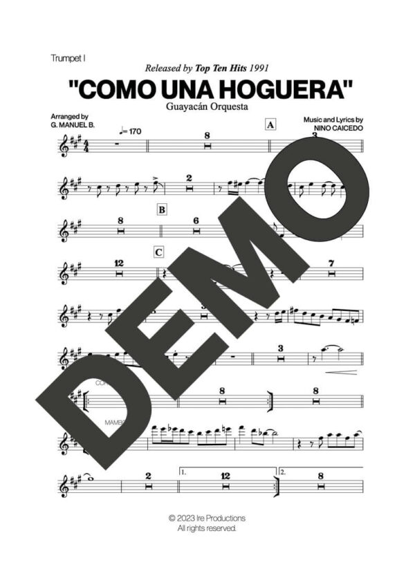 Guayacán Orquesta – Como una Hoguera – First Page of Sheet Music Preview (PDF) – Includes charts for Trumpets, Trombones, Saxophone, Piano and Bass