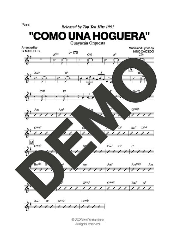 Guayacán Orquesta – Como una Hoguera – Sheet Music Demo Page 2 (PDF) – Includes charts for Trumpets, Trombones, Saxophone, Piano and Bass