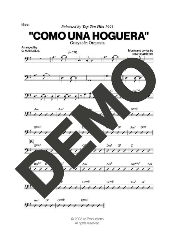 Guayacán Orquesta – Como una Hoguera – Sheet Music Demo Page 3 (PDF) – Includes charts for Trumpets, Trombones, Saxophone, Piano and Bass