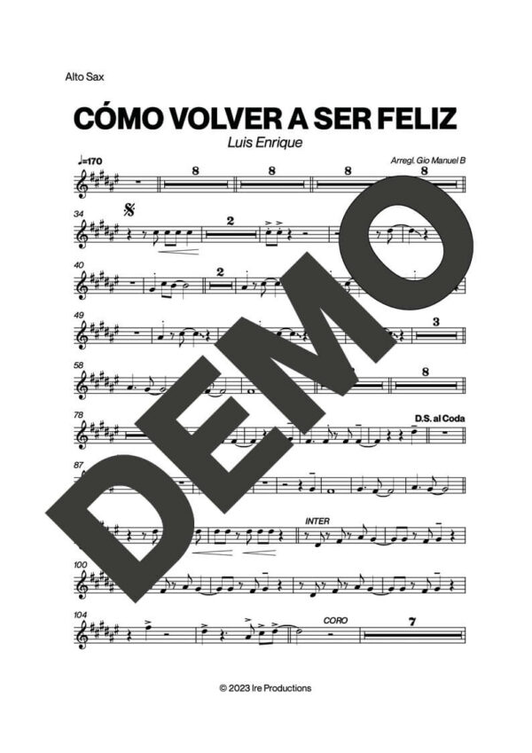 Luis Enrique – Cómo Volver a Ser Feliz – First Page of Sheet Music Preview (PDF) – Includes charts for Trumpets, Trombones, Saxophone, Piano and Bass