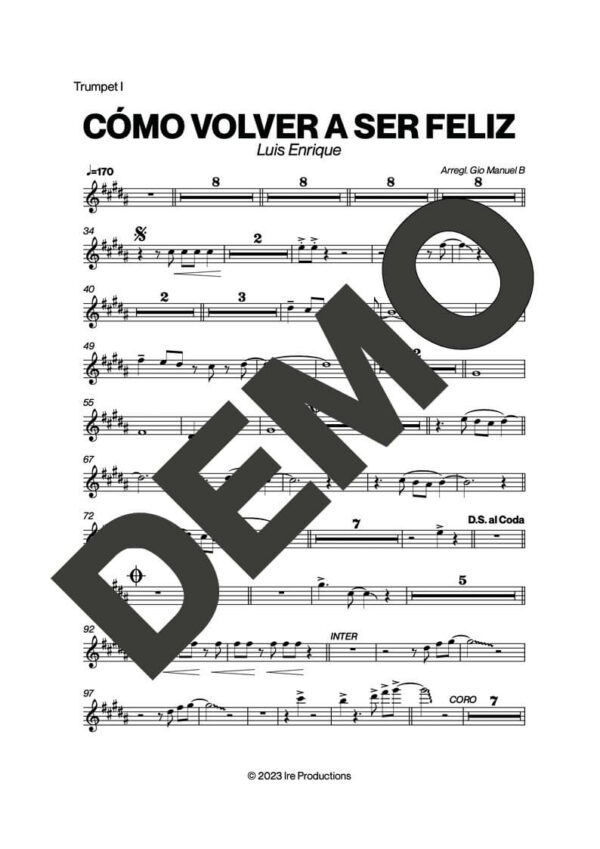 Luis Enrique – Cómo Volver a Ser Feliz – Sheet Music Demo Page 1 (PDF) – Includes charts for Trumpets, Trombones, Saxophone, Piano and Bass