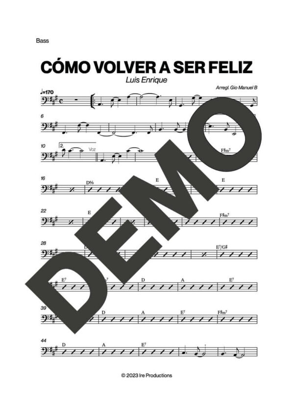 Luis Enrique – Cómo Volver a Ser Feliz – Sheet Music Demo Page 4 (PDF) – Includes charts for Trumpets, Trombones, Saxophone, Piano and Bass