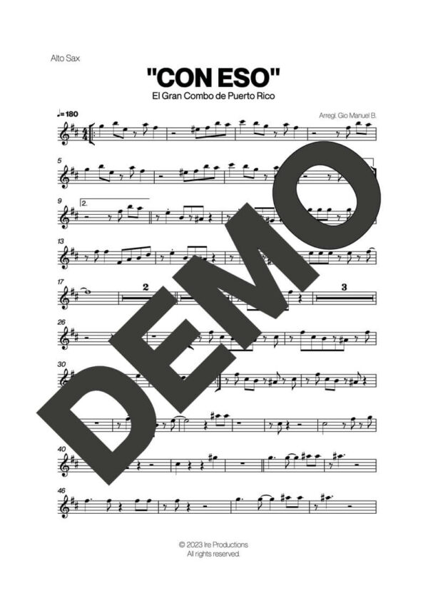 El Gran Combo de Puerto Rico – Con Eso – Sheet Music Demo Page 1 (PDF) – Includes charts for Trumpets, Trombones, Saxophone, Piano and Bass