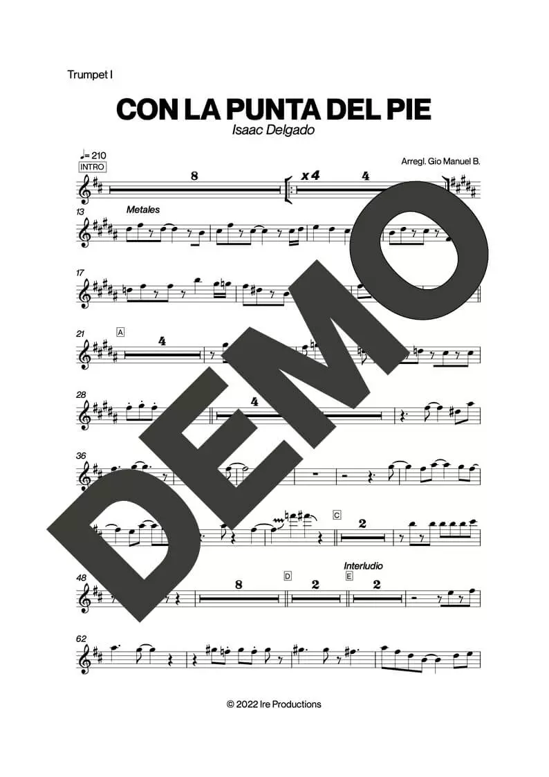 Issac Delgado – Con La Punta del Pie – Sheet Music Demo Page 1 (PDF) – Includes charts for Trumpets, Trombones, Saxophone, Piano and Bass