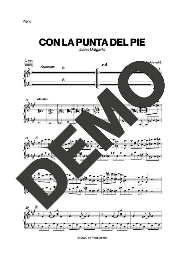 Issac Delgado – Con La Punta del Pie – Sheet Music Demo Page 3 (PDF) – Includes charts for Trumpets, Trombones, Saxophone, Piano and Bass