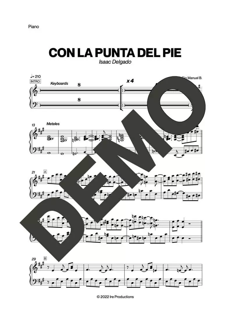 Issac Delgado – Con La Punta del Pie – Sheet Music Demo Page 3 (PDF) – Includes charts for Trumpets, Trombones, Saxophone, Piano and Bass