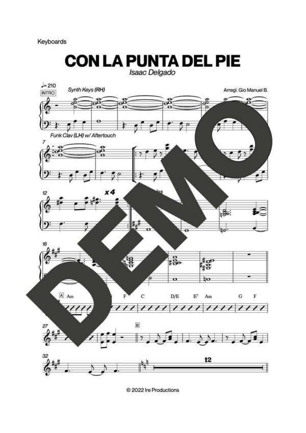 Issac Delgado – Con La Punta del Pie – Sheet Music Demo Page 4 (PDF) – Includes charts for Trumpets, Trombones, Saxophone, Piano and Bass