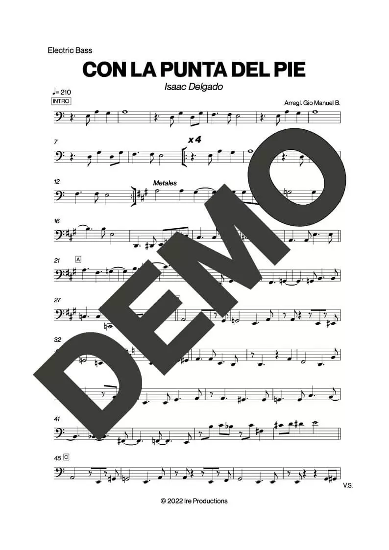 Issac Delgado – Con La Punta del Pie – Sheet Music Demo Page 5 (PDF) – Includes charts for Trumpets, Trombones, Saxophone, Piano and Bass