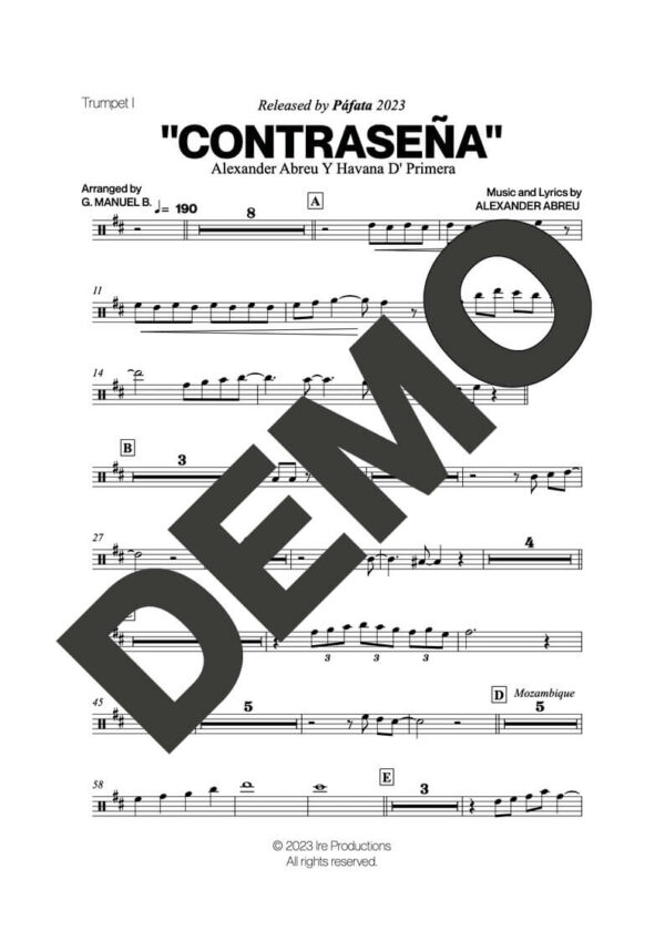 Havana D' Primera – Contraseña – Sheet Music Demo Page 1 (PDF) – Includes charts for Trumpets, Trombones, Saxophone, Piano and Bass