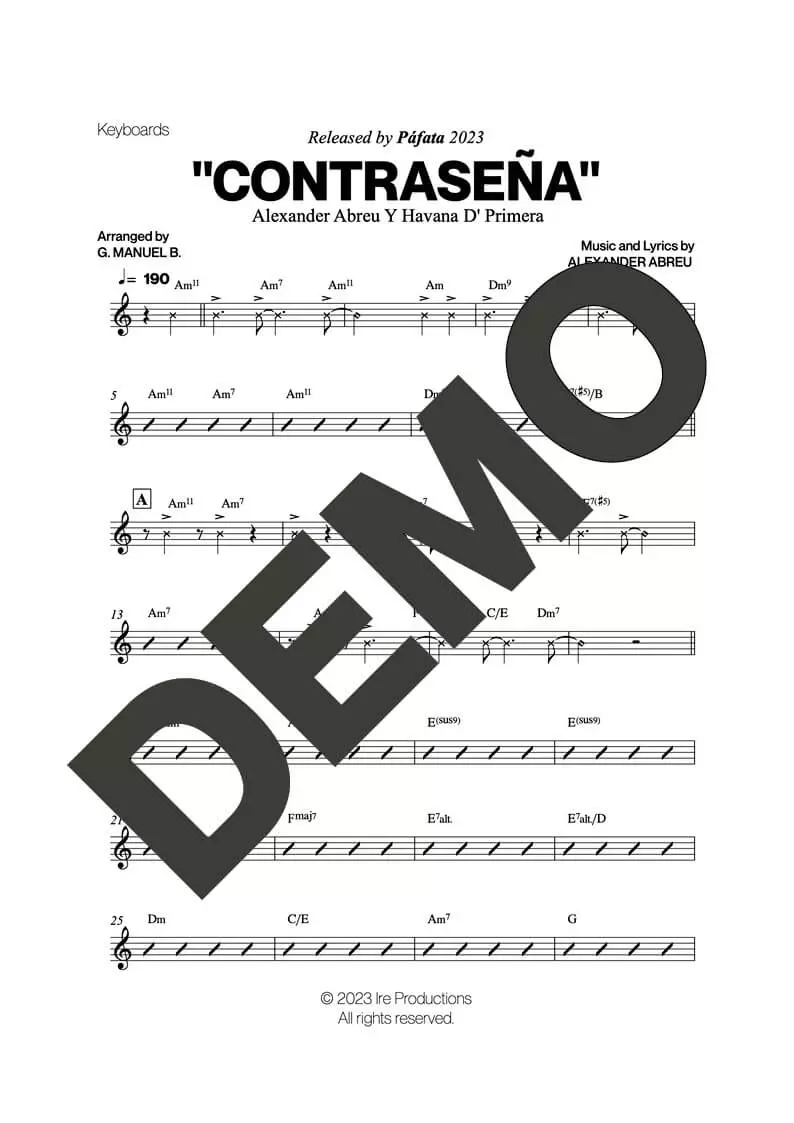 Havana D' Primera – Contraseña – Sheet Music Demo Page 4 (PDF) – Includes charts for Trumpets, Trombones, Saxophone, Piano and Bass