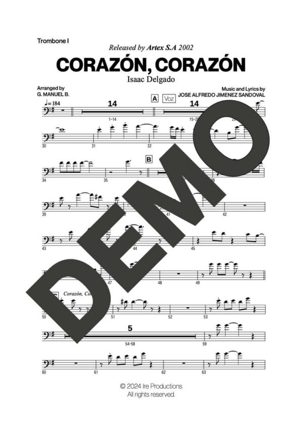 Issac Delgado – Corazón, Corazón – Sheet Music Demo Page 1 (PDF) – Includes charts for Trumpets, Trombones, Saxophone, Piano and Bass