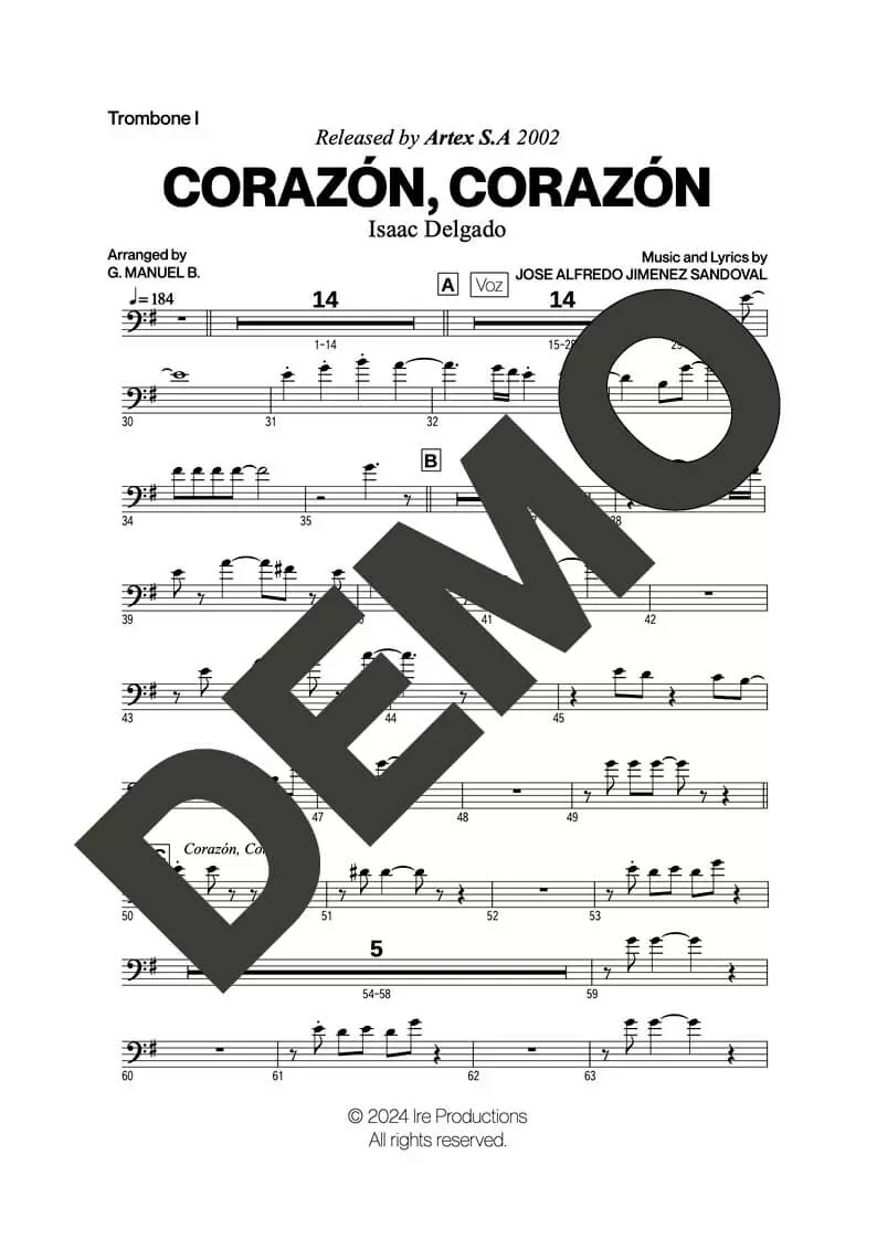 Issac Delgado – Corazón, Corazón – Sheet Music Demo Page 1 (PDF) – Includes charts for Trumpets, Trombones, Saxophone, Piano and Bass