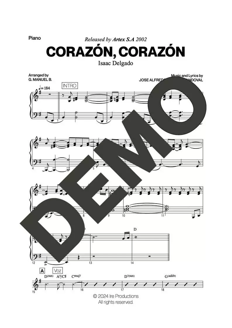 Issac Delgado – Corazón, Corazón – Sheet Music Demo Page 3 (PDF) – Includes charts for Trumpets, Trombones, Saxophone, Piano and Bass