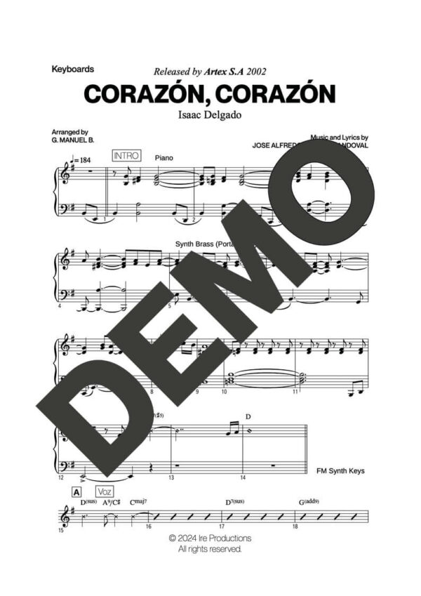 Issac Delgado – Corazón, Corazón – Sheet Music Demo Page 4 (PDF) – Includes charts for Trumpets, Trombones, Saxophone, Piano and Bass