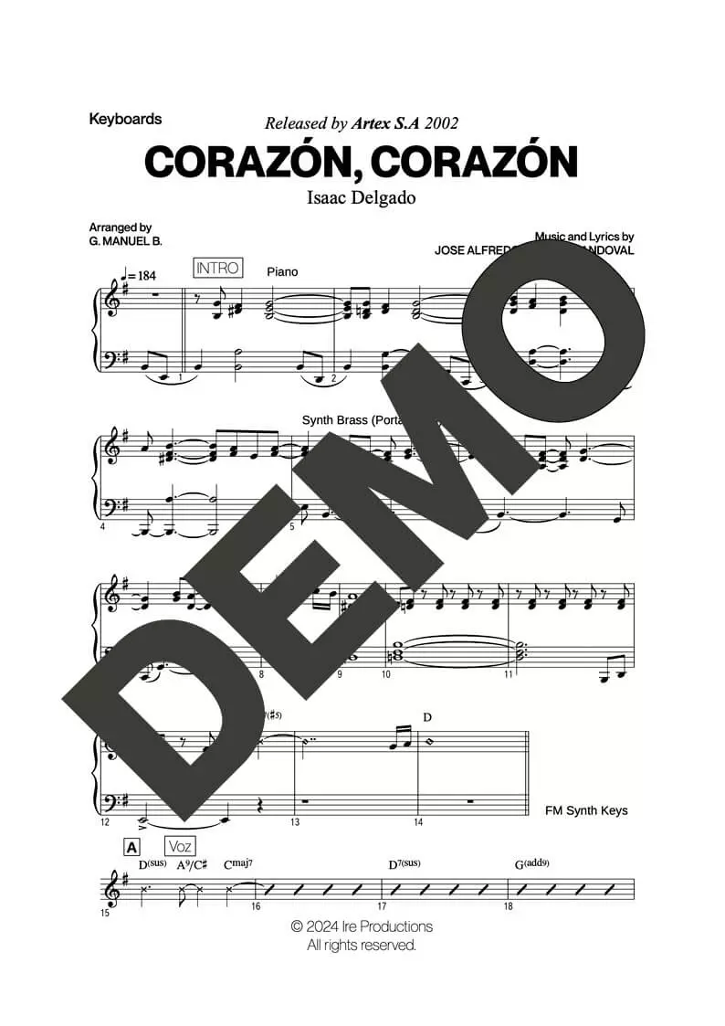 Issac Delgado – Corazón, Corazón – Sheet Music Demo Page 4 (PDF) – Includes charts for Trumpets, Trombones, Saxophone, Piano and Bass