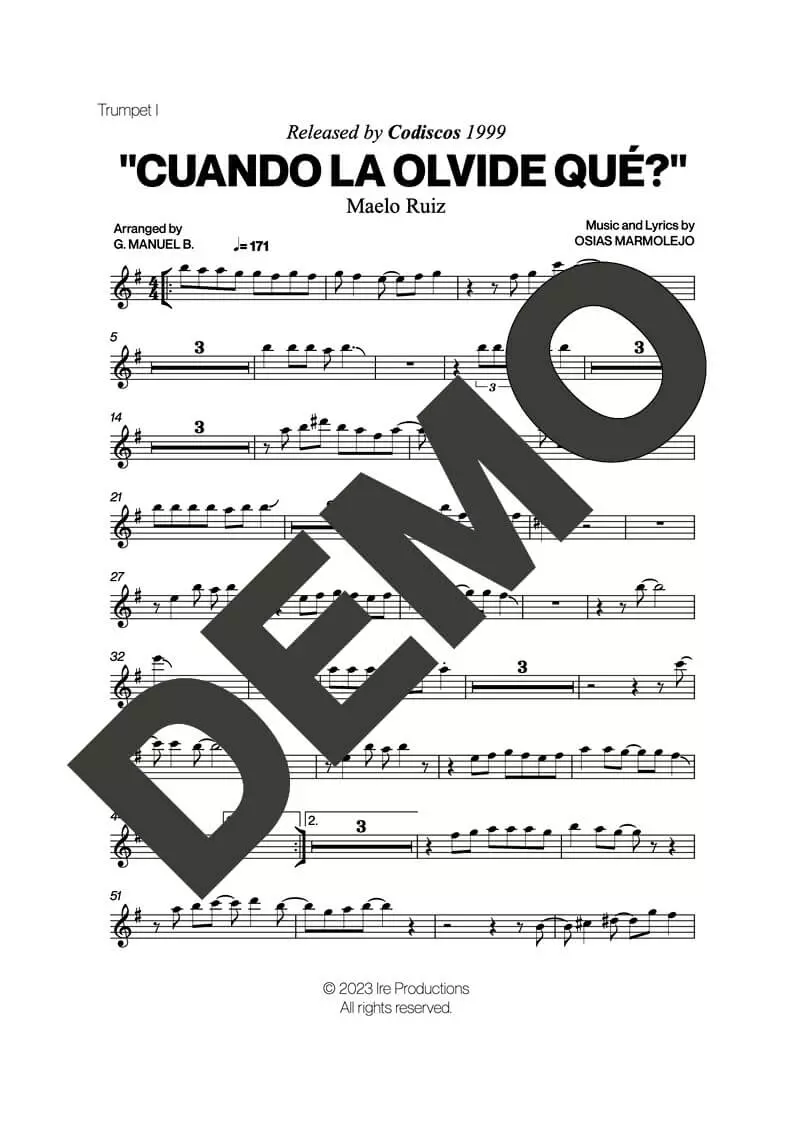 Maelo Ruiz – Cuando la Olvide Qué? – First Page of Sheet Music Preview (PDF) – Includes charts for Trumpets, Trombones, Saxophone, Piano and Bass