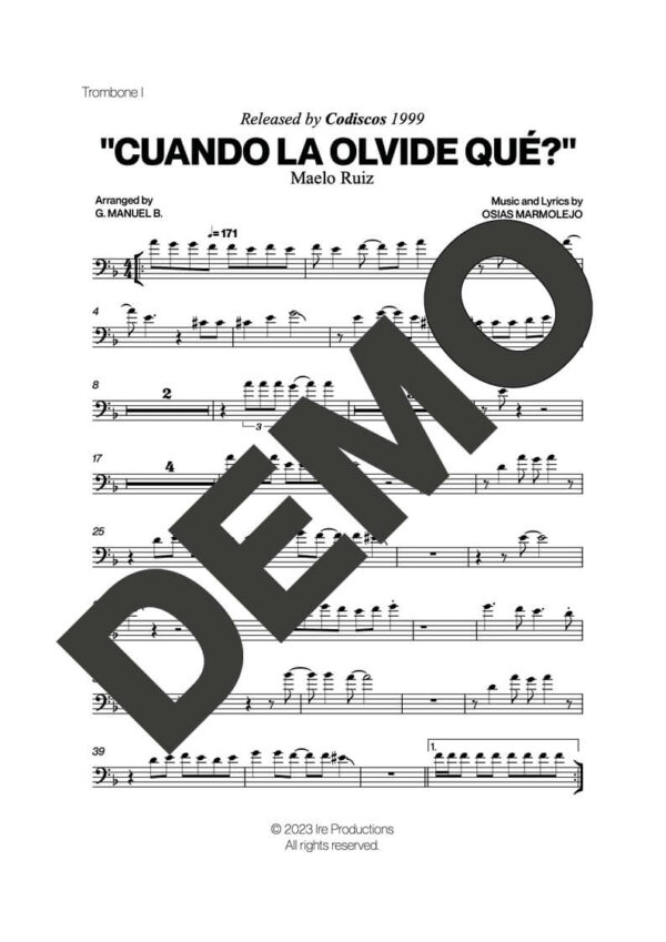 Maelo Ruiz – Cuando la Olvide Qué? – Sheet Music Demo Page 1 (PDF) – Includes charts for Trumpets, Trombones, Saxophone, Piano and Bass