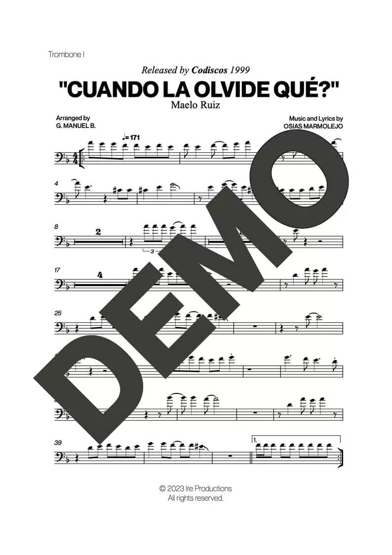 Maelo Ruiz – Cuando la Olvide Qué? – Sheet Music Demo Page 1 (PDF) – Includes charts for Trumpets, Trombones, Saxophone, Piano and Bass