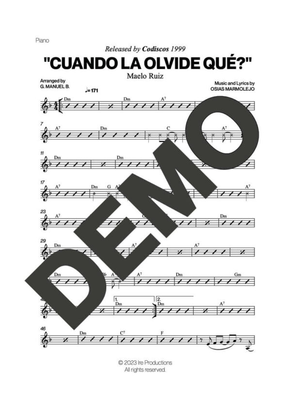 Maelo Ruiz – Cuando la Olvide Qué? – Sheet Music Demo Page 2 (PDF) – Includes charts for Trumpets, Trombones, Saxophone, Piano and Bass