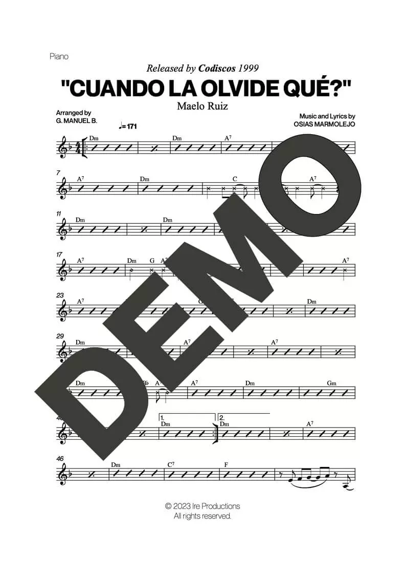 Maelo Ruiz – Cuando la Olvide Qué? – Sheet Music Demo Page 2 (PDF) – Includes charts for Trumpets, Trombones, Saxophone, Piano and Bass