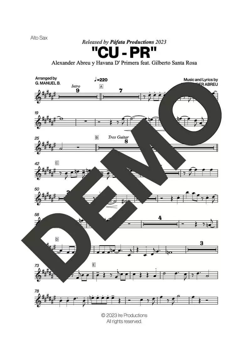 Gilberto Santa Rosa|Havana D' Primera – CU-PR – First Page of Sheet Music Preview (PDF) – Includes charts for Trumpets, Trombones, Saxophone, Piano and Bass