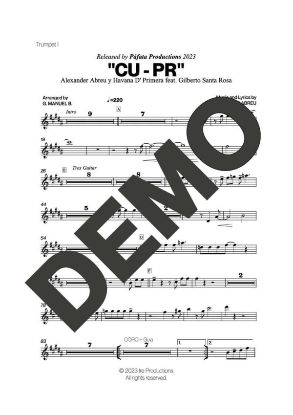 Gilberto Santa Rosa|Havana D' Primera – CU-PR – Sheet Music Demo Page 2 (PDF) – Includes charts for Trumpets, Trombones, Saxophone, Piano and Bass